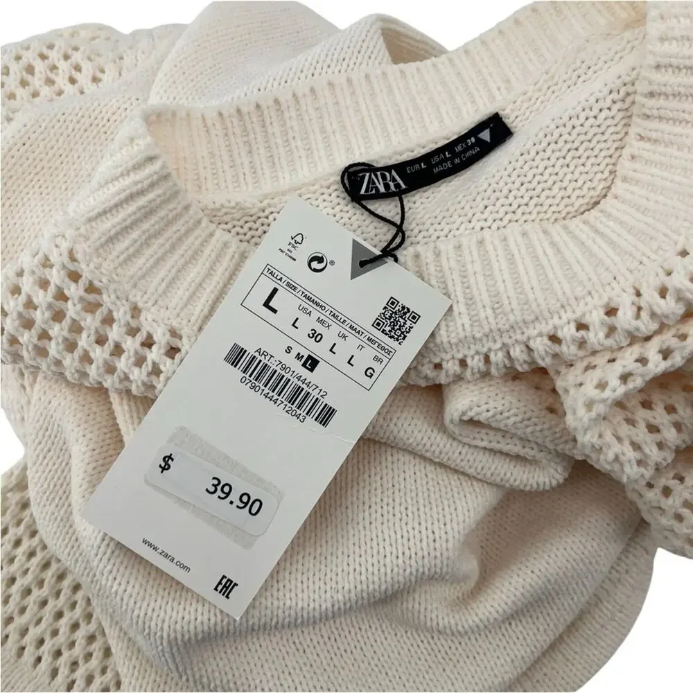 ZARA Cream Open Knit Sweater Large NWT Crochet Mesh Long Sleeve Pullover Top - Picture 7 of 9